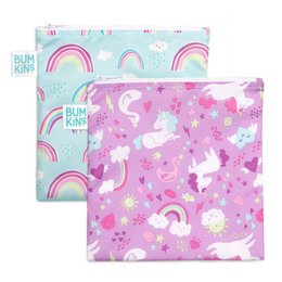 Reusable snack bags with rainbow and unicorn patterns, purple and blue fabric, food storage pouches.