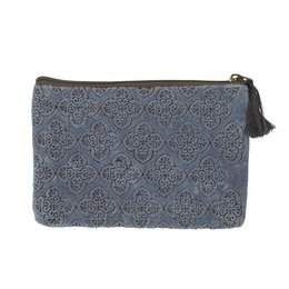 A blue cotton cosmetic bag with a floral pattern and a tassel zipper pull.
