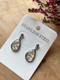 Stainless steel drop earrings with real Gypsophila flowers, silver in color, teardrop shape.