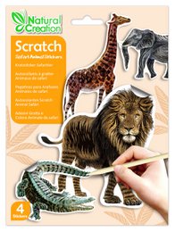 Scratch stickers featuring safari animals including a giraffe, elephant, and lion. Vibrant colors and realistic designs.