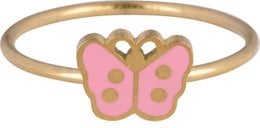 A gold-colored children's ring with a pink butterfly design. The ring is suitable for sizes 13, 14, and 15, and can be ordered in a set of 3 for an additional cost.