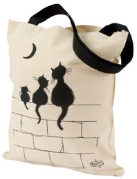 Ecru canvas tote bag with black cat silhouettes, measuring 40 x 35 cm.