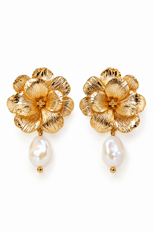Orchidée - Blumenohr mit 18 Karat Gold plattierter Flussperle