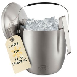 Double-walled insulated stainless steel ice cube tray with lid and tongs, no plastic. Keeps ice cubes chilled for longer. Ideal for cocktails, beverages, and entertaining.