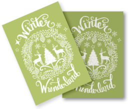 Christmas card with white lettering and silhouettes of people on a green background.