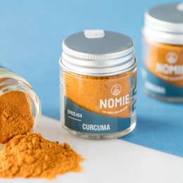 Organic turmeric powder in a 30ml jar. Vibrant orange-yellow color. Earthy, slightly bitter flavor. Commonly used as a spice in Indian and Middle Eastern cuisine.