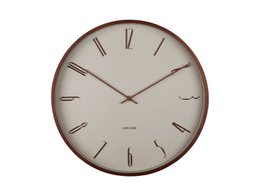  Round, wooden wall clock with a classic Scandinavian design. Features a white face with simple black hour and minute hands.