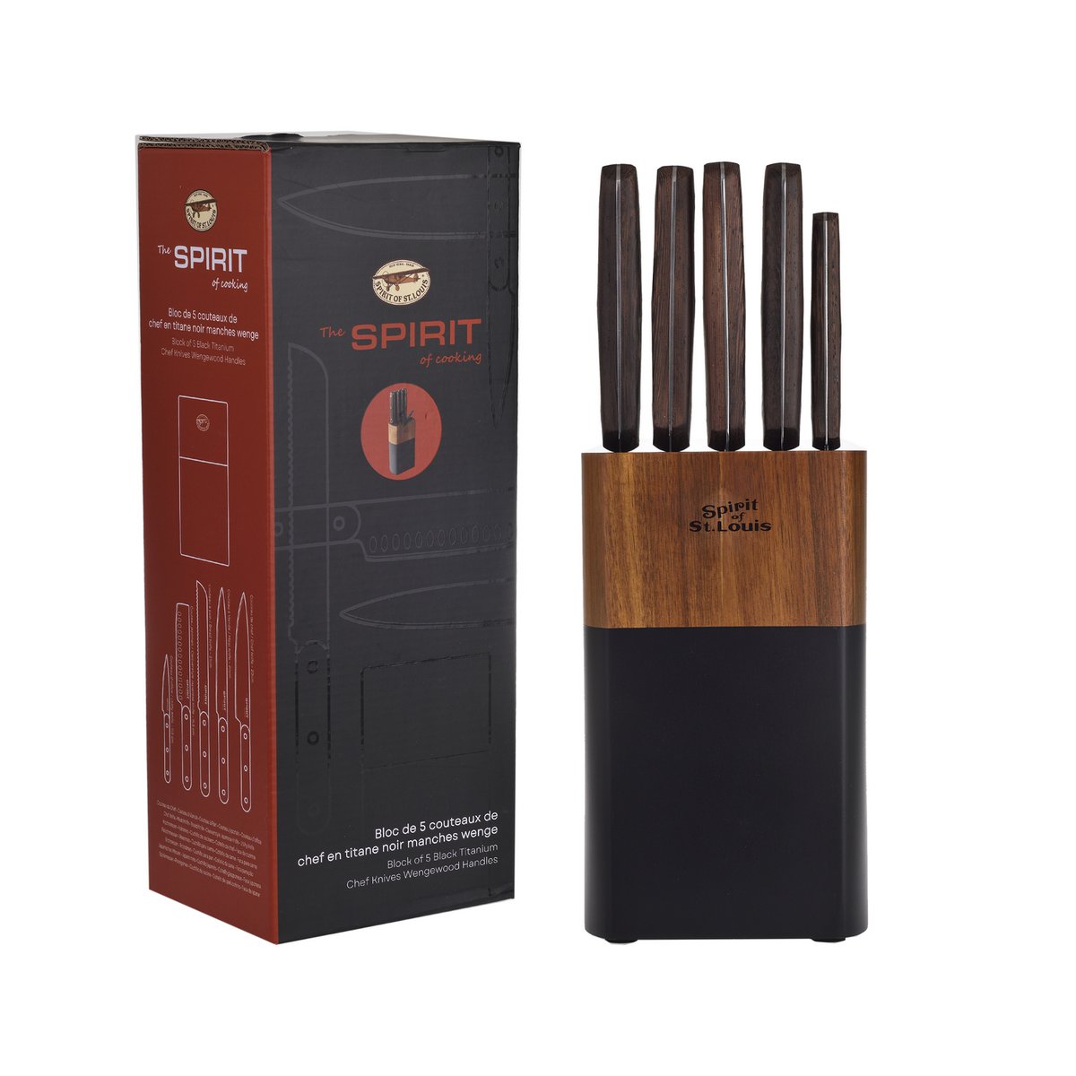 SOSL, Set de 5 Pièces, Ensemble Couteaux de Cuisine, Set Acier Inoxydable, Titane, avec Bloc en Bois d'Acacia, Couteaux de Chef, Pain, Écumoire,Viande, Poisson, Lame Noire