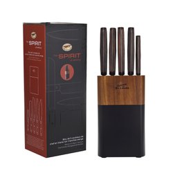 SOSL, Set de 5 Pièces, Ensemble Couteaux de Cuisine, Set Acier Inoxydable, Titane, avec Bloc en Bois d'Acacia, Couteaux de Chef, Pain, Écumoire,Viande, Poisson, Lame Noire