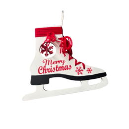  Wooden Christmas ice skate ornament with "Merry Christmas" text and snowflake design.