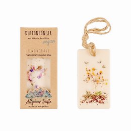 Scented pendant with lemongrass fragrance, featuring floral and nature-inspired designs on a wooden tag.