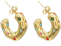  Stainless steel statement earrings with a curved, textured design and colorful gemstone accents.