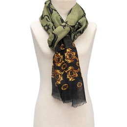  Sage green modal viscose scarf with gold ornamental pattern, geometric design, lightweight drape fabric.