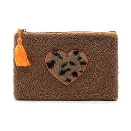  Cosmetic bag with teddy bear design and heart-shaped accent in brown, orange, and gray colors. Made of soft, plush material with tassel zipper pull.