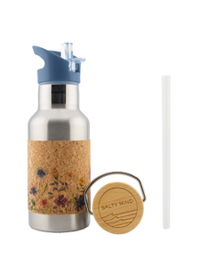 Kinderdrinkfles van RVS geïsoleerd 350 ml - kurkcoating - RVS drinkfles 350 ml + drinkopzet met rietje/bloemmotief