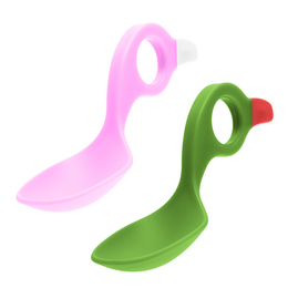 Colorful plastic spoons in pink and green, designed for early eaters. The spoons have a unique grip shape to help young children learn to self-feed.