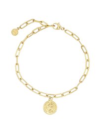 A gold-toned chain and coin bracelet with a mix of gold, silver, and rose gold finishes. The bracelet features a coin charm and a classic chain link design.