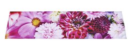  A vibrant table runner featuring a colorful floral pattern with pink, purple, and orange flowers. The runner measures 40x150cm and is suitable for use on tables.