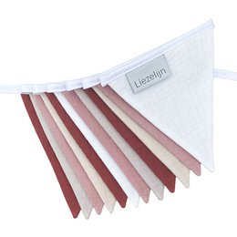  A pink and white striped garland made of fabric, suitable for decorating a child's room or party.