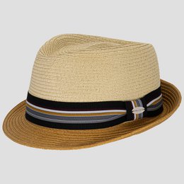  A stylish trilby hat in navy, beige, and green colors with a braided band and brim. The hat is available in sizes S-M and L-XL.