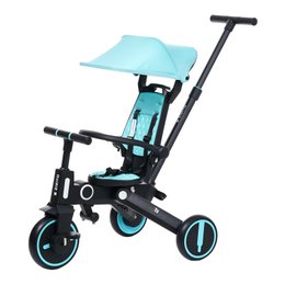 Tricycle ZOE 7 in 1 - Foldable, adjustable, and versatile 3-wheel stroller with turquoise canopy, suitable for infants and toddlers.