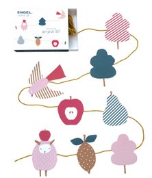 Colorful paper garland with sheep shapes, suitable for kids' decor. Includes various shapes and patterns in pastel colors.