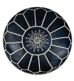 Dark blue Moroccan handmade leather pouf cover with intricate star-shaped pattern.