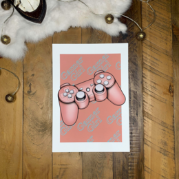A pink and white video game controller poster with a minimalist, abstract design.