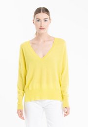  Bright yellow v-neck sweater with long sleeves for women.