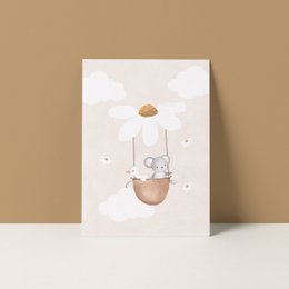  Whimsical illustration of a mouse and duck in a hot air balloon, perfect for a greeting card or postcard.