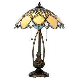 This Tiffany-style table lamp features a dome-shaped shade with a pattern of yellow and blue glass panels. The base is made of bronze-finished metal with an ornate design. The lamp measures approximately 40 cm in diameter and 60 cm in height, and uses up to two 60-watt E27 bulbs.