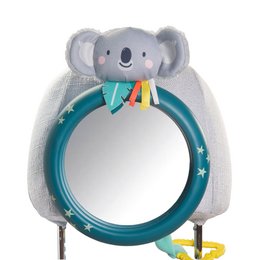 Plush koala-shaped car mirror with colorful accents and a circular mirror. Suitable for use in a baby's car or nursery.