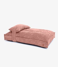 Cordi pet basket in dusky pink, khaki, sand, and charcoal colors. Available in medium (80*60*15cm) and large (110*80*15cm) sizes. Soft, plush material provides a comfortable resting spot for pets.