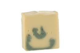 Rectangular bar of natural soap with a green and white color pattern, labeled "J-Line zeep Majestic Moss - mix - 90Gr".