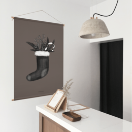  Christmas textile poster featuring a black and white Christmas stocking with floral and natural elements. Suitable for home decor and holiday season.