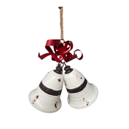  Iron Christmas bell double-big, a standing decoration featuring two large white bells with red bows and ribbons, hanging from a metal frame.