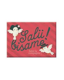 Colorful magnet featuring the text "Salut bisame!" with playful illustrations of butterflies on a red background. This decorative magnet is suitable for children's rooms or playrooms.