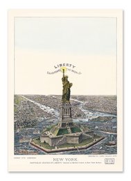 Vintage postcard depicting the Statue of Liberty in New York City. The image shows the iconic statue standing tall against the cityscape in the background.
