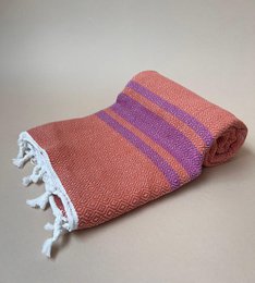 "Hammam print striped textile, orange purple geometric pattern, woven fabric with tassels"