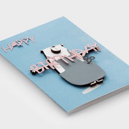  Wooden 3D bear birthday card, handmade greeting, light blue, pop-up design, festive celebration