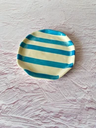  Set of 4 handmade ceramic plates with aqua and gold striped pattern, measuring 6.3x6.3 inches, suitable for serving.