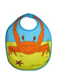 Colorful bib with a crab design, featuring an orange crab with blue and green accents on a grassy background.