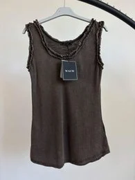 Women's sleeveless tank top, dark brown ribbed cotton, decorative chain neckline, casual style.