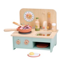  Wooden toy kitchen set with cooking utensils, pots, pans, and accessories. Includes a clock, stove, and storage space for a complete play kitchen experience.