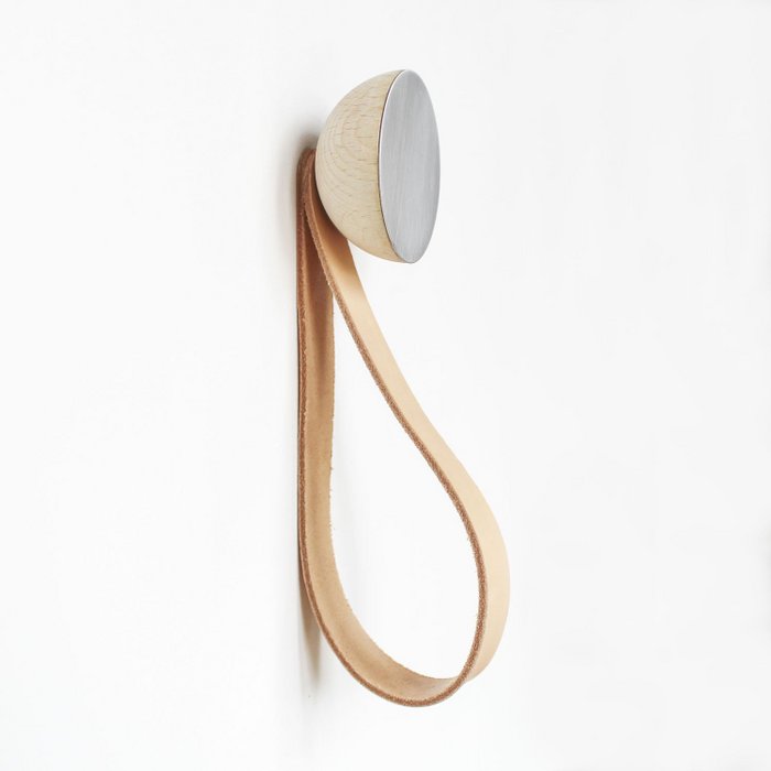 Round Beech Wood & Aluminium Wall Hook / Hanger with Leather Loop