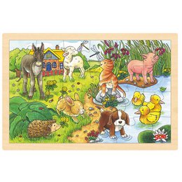 A colorful puzzle image depicting various baby animals in a natural outdoor setting, including a donkey, goat, pig, ducklings, and other wildlife.

The image shows a variety of baby animals in a lush, green outdoor scene. There are young donkeys, goats, pigs, ducklings, and other wildlife. The animals are surrounded by flowers, plants, and a small pond or stream. The overall scene has a whimsical, playful feel.