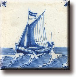 Delft blue tile with a sailing ship design. The tile features a detailed illustration of a sailing ship with a blue and white color scheme, typical of traditional Delft ceramics.
