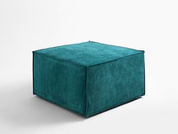  Teal-colored, square-shaped ottoman with a plush, velvet-like texture. Suitable for use as a footrest, extra seating, or decorative accent piece.