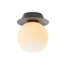 Compact ceiling/wall light fixture in black and white with a round glass shade. Suitable for indoor use with IP44 rating.