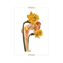 A postcard featuring a collage of daffodil flowers in vibrant yellow and orange hues, with a central figure of a lady among the flowers.